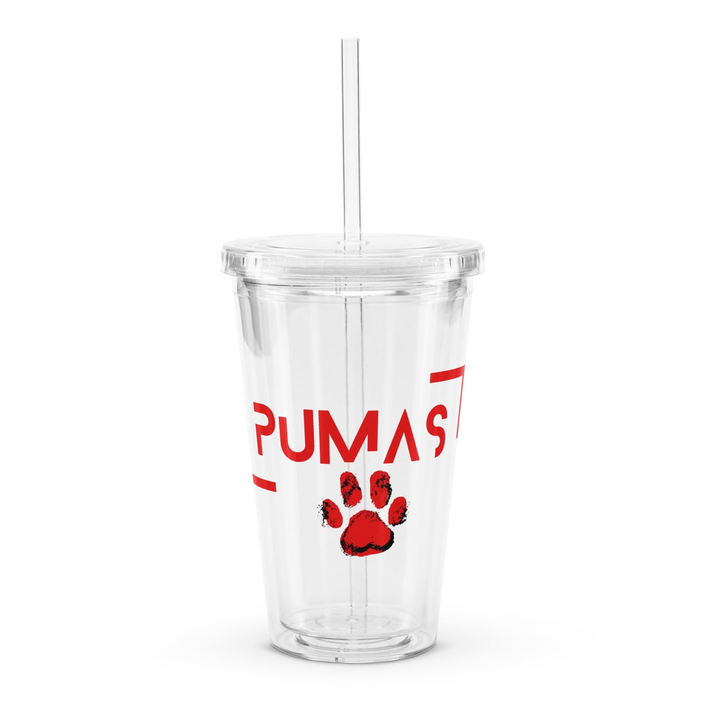 Clear plastic tumbler with futuristic logo