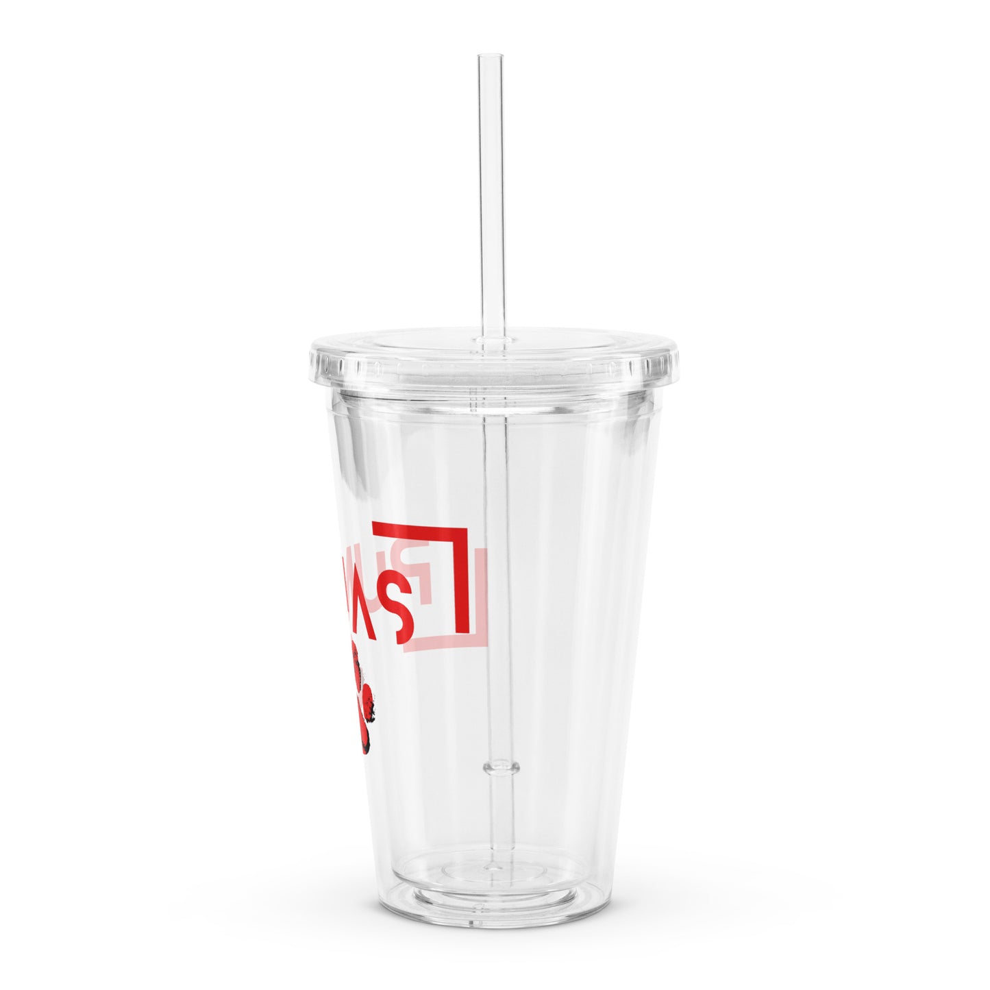 Clear plastic tumbler with futuristic logo