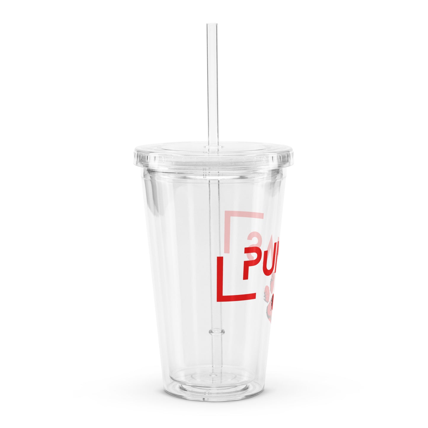Clear plastic tumbler with futuristic logo