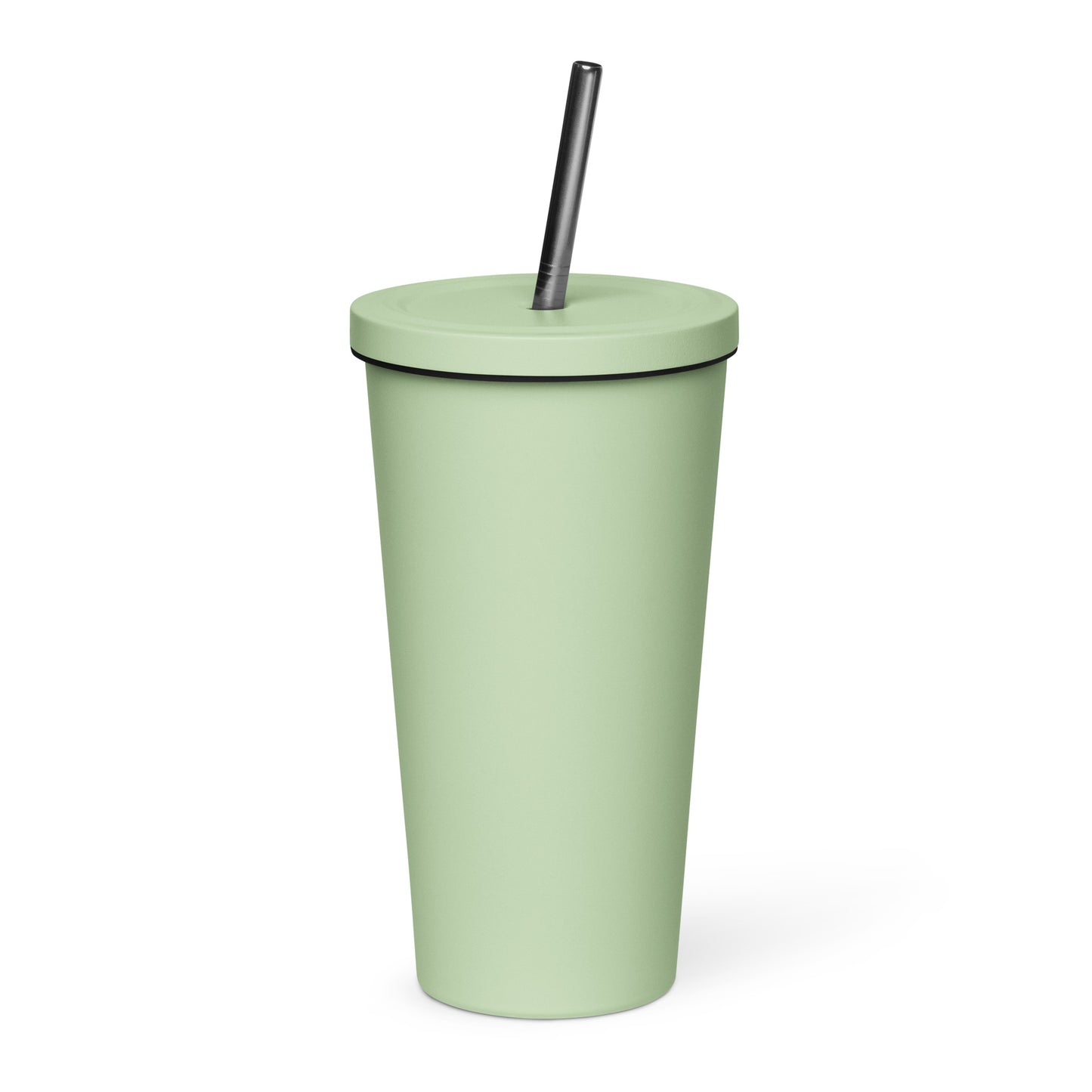 Insulated tumbler with a straw with red logo