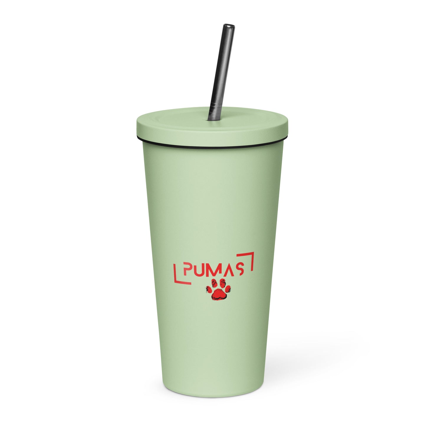 Insulated tumbler with a straw with red logo
