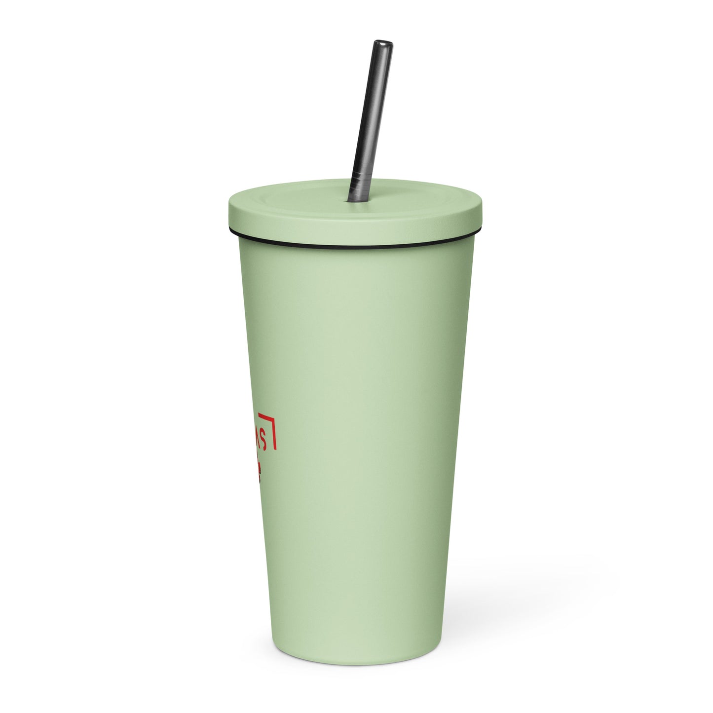 Insulated tumbler with a straw with red logo
