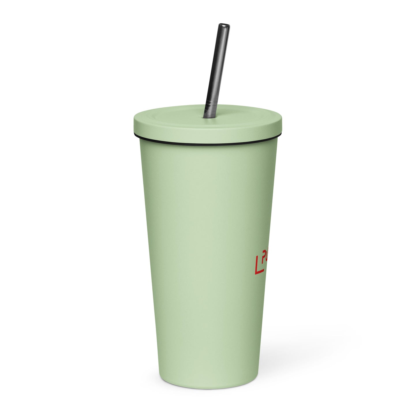 Insulated tumbler with a straw with red logo