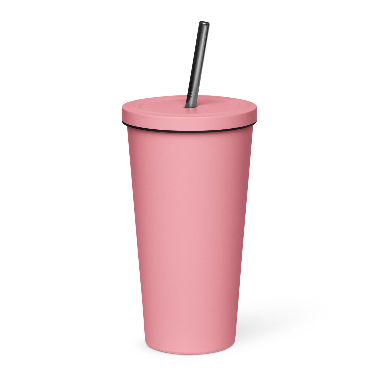 Insulated tumbler with a straw with red logo