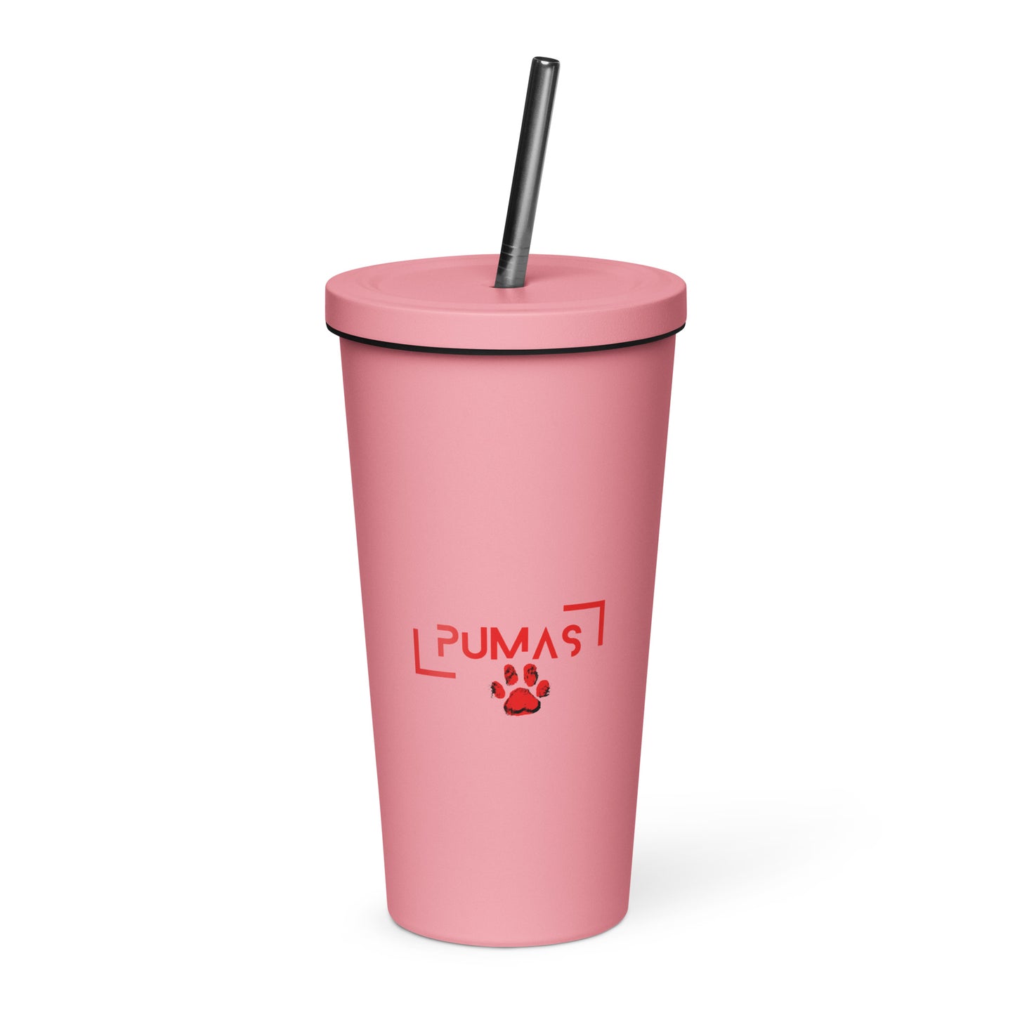 Insulated tumbler with a straw with red logo