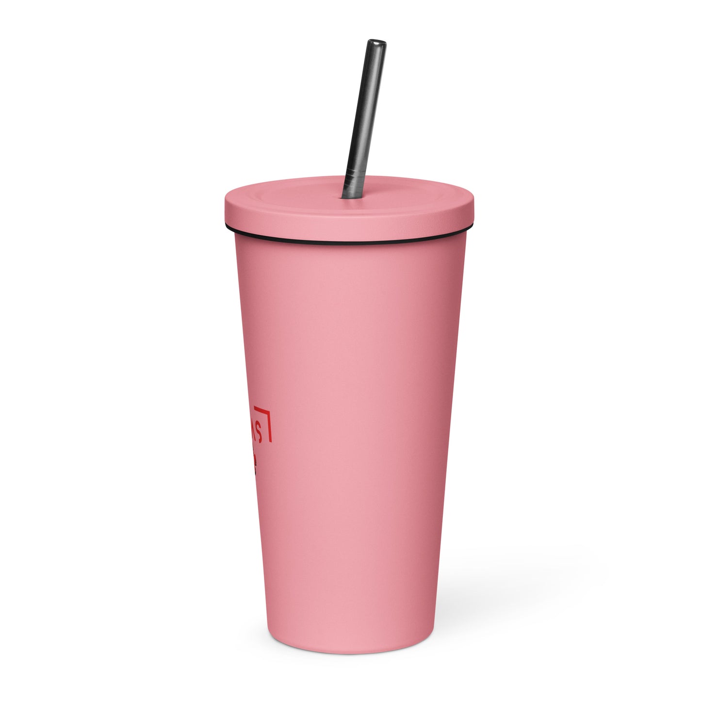 Insulated tumbler with a straw with red logo