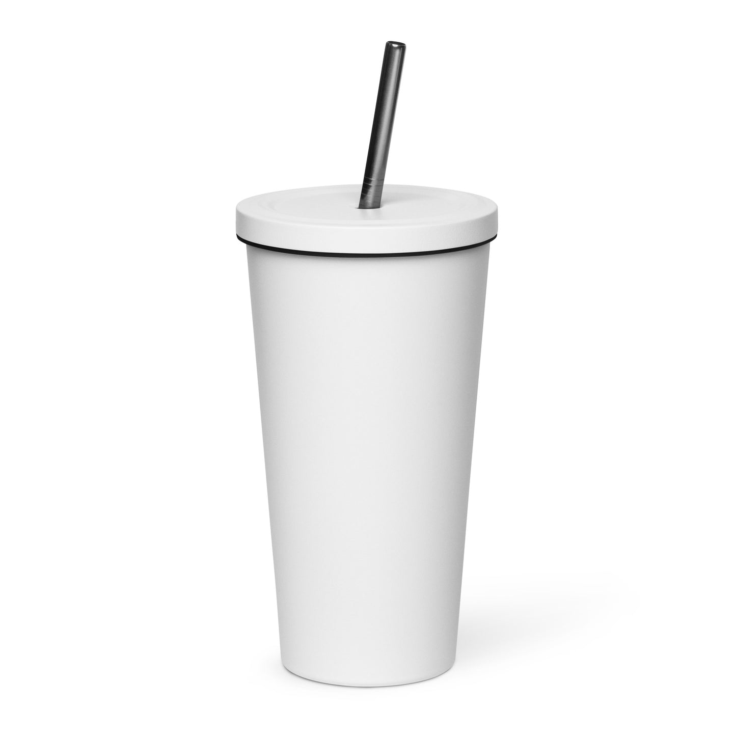 Insulated tumbler with a straw with red logo