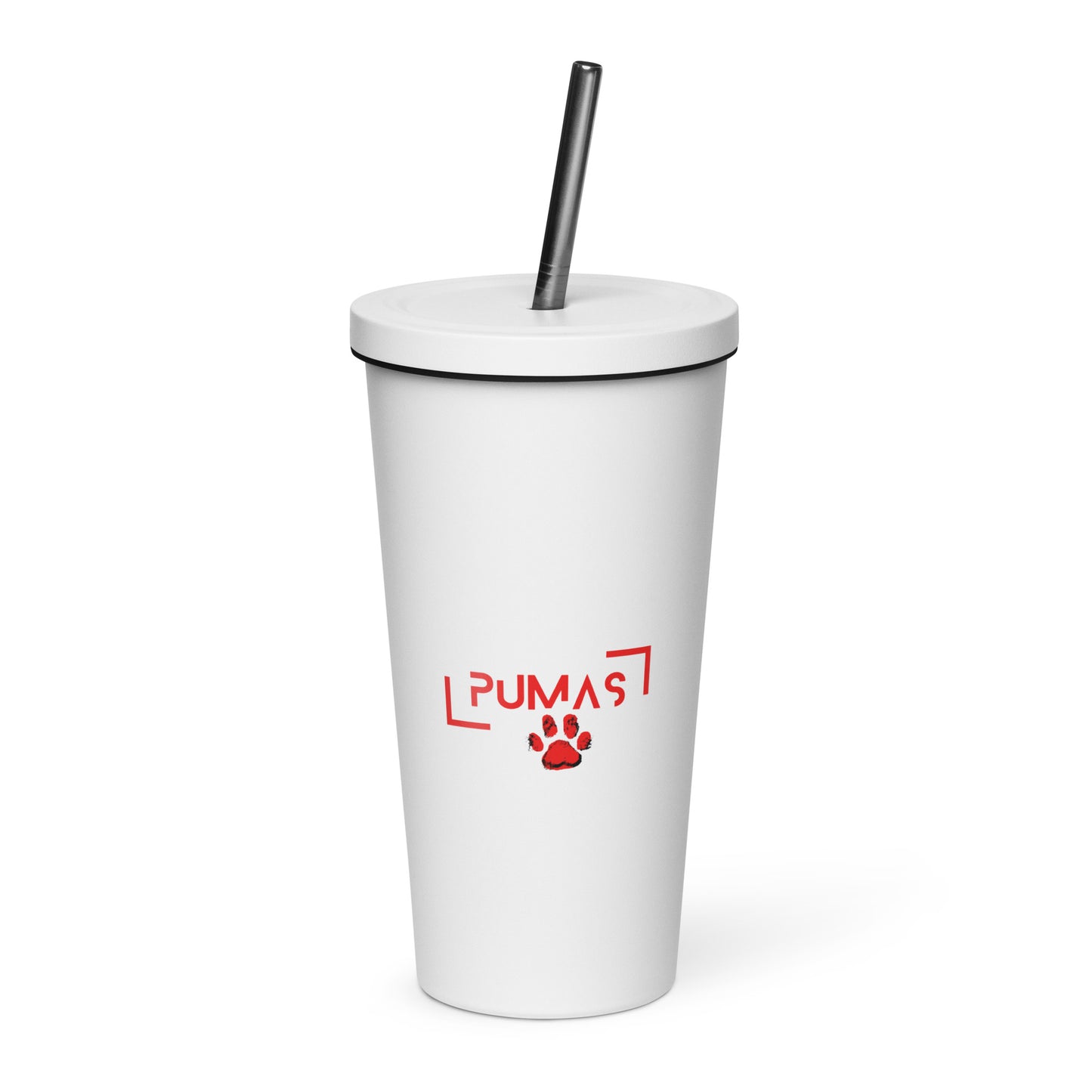 Insulated tumbler with a straw with red logo