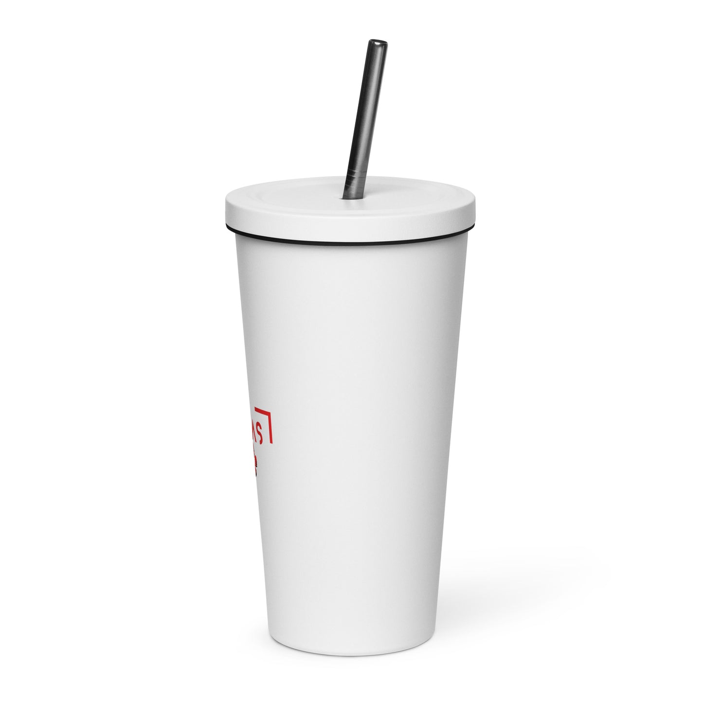 Insulated tumbler with a straw with red logo