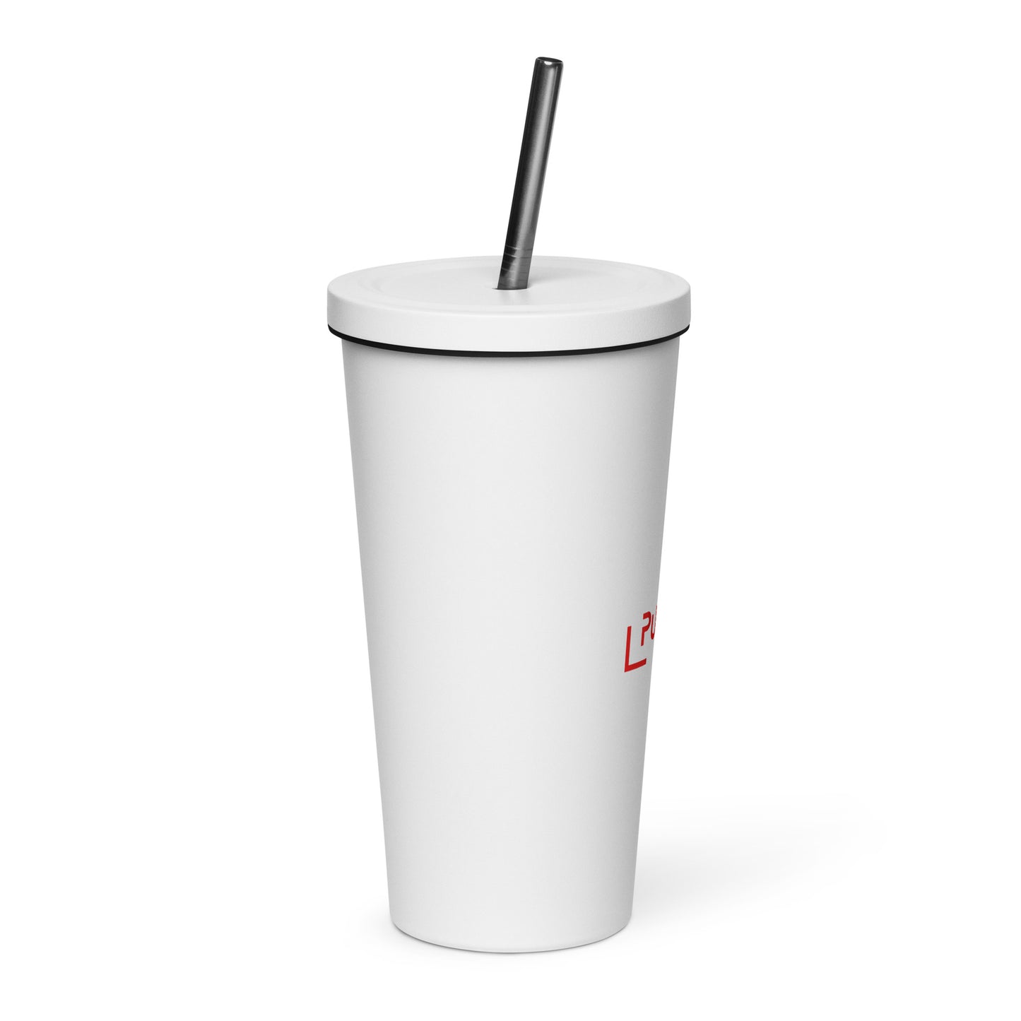 Insulated tumbler with a straw with red logo