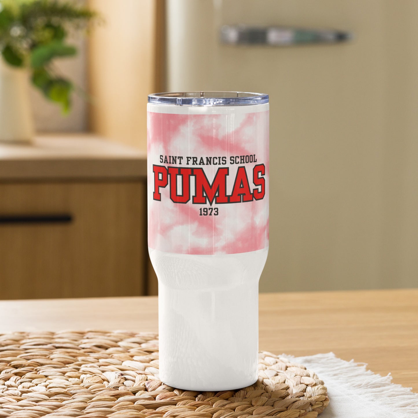 Travel mug with a handle tie dye and logo