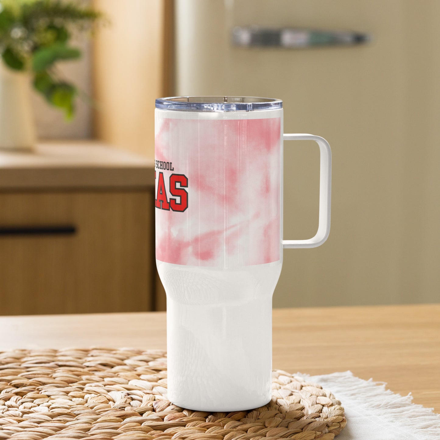 Travel mug with a handle tie dye and logo