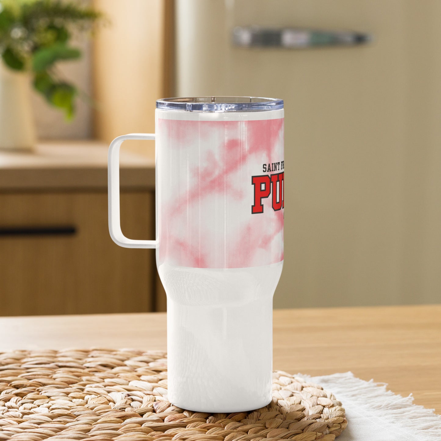 Travel mug with a handle tie dye and logo