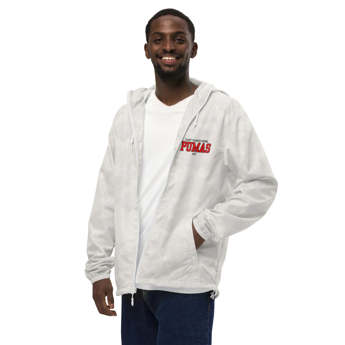 Unisex lightweight zip up windbreaker with red logo