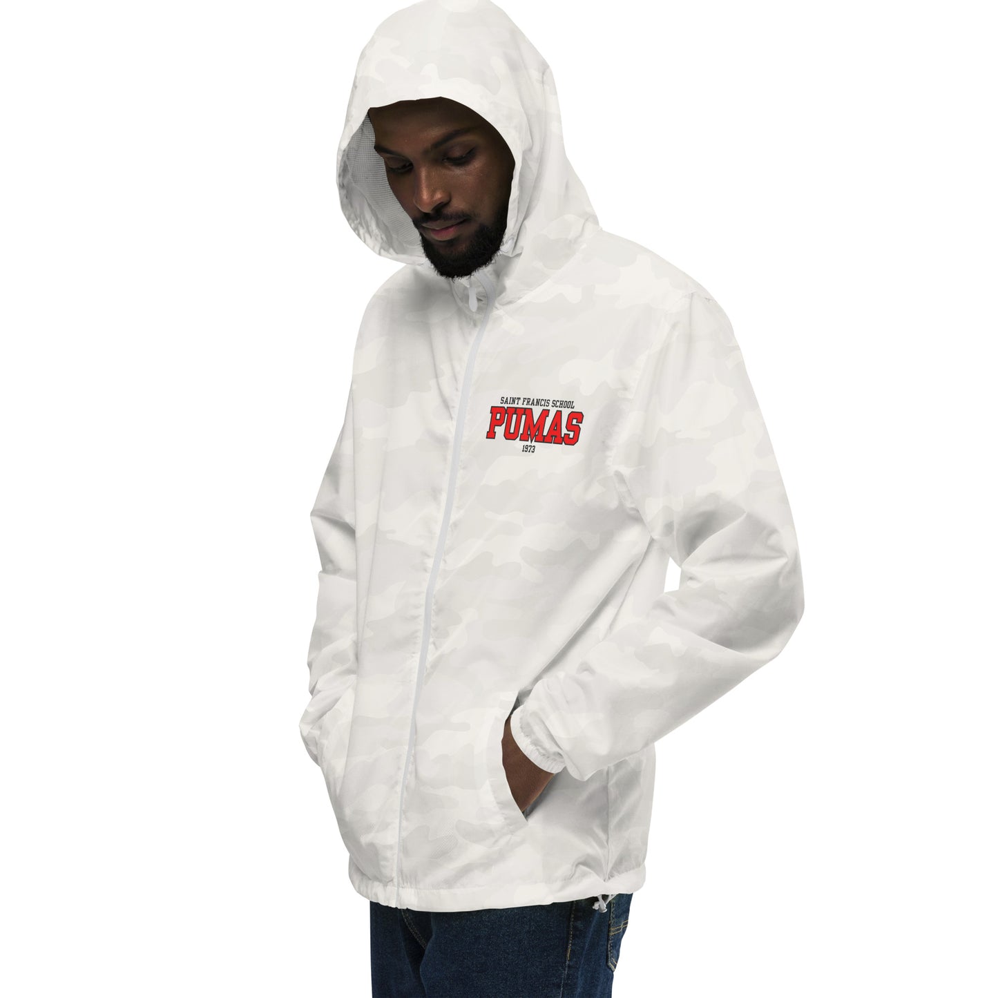 Unisex lightweight zip up windbreaker with red logo