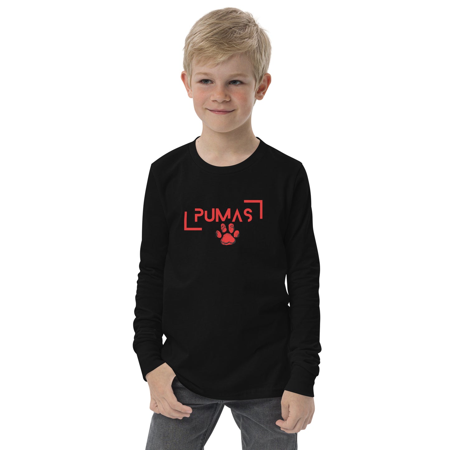 Youth long sleeve tee with futuristic logo