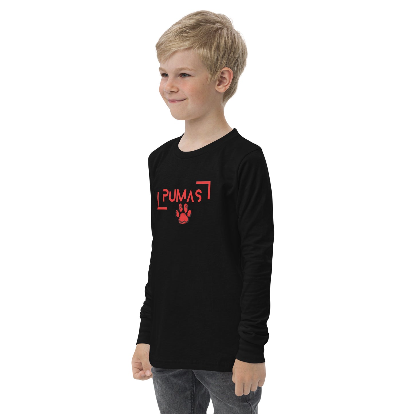Youth long sleeve tee with futuristic logo