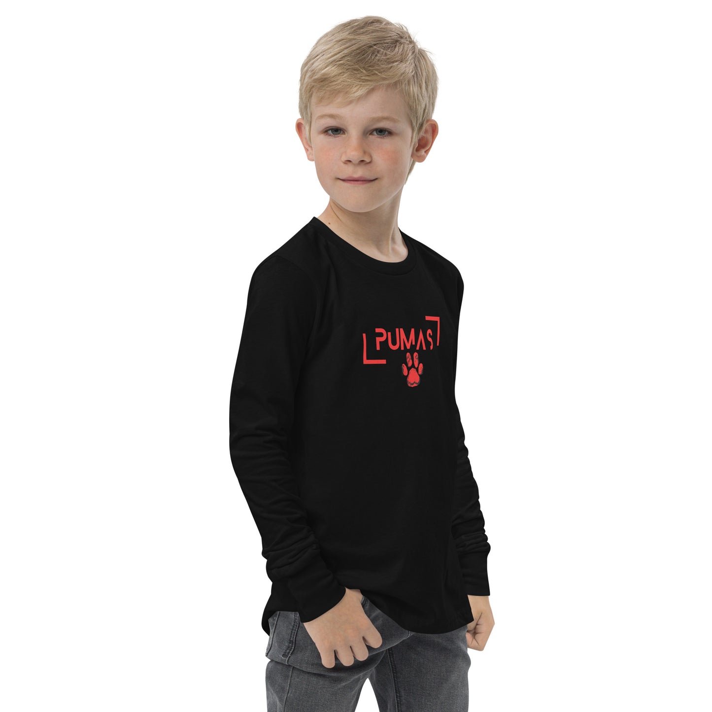 Youth long sleeve tee with futuristic logo