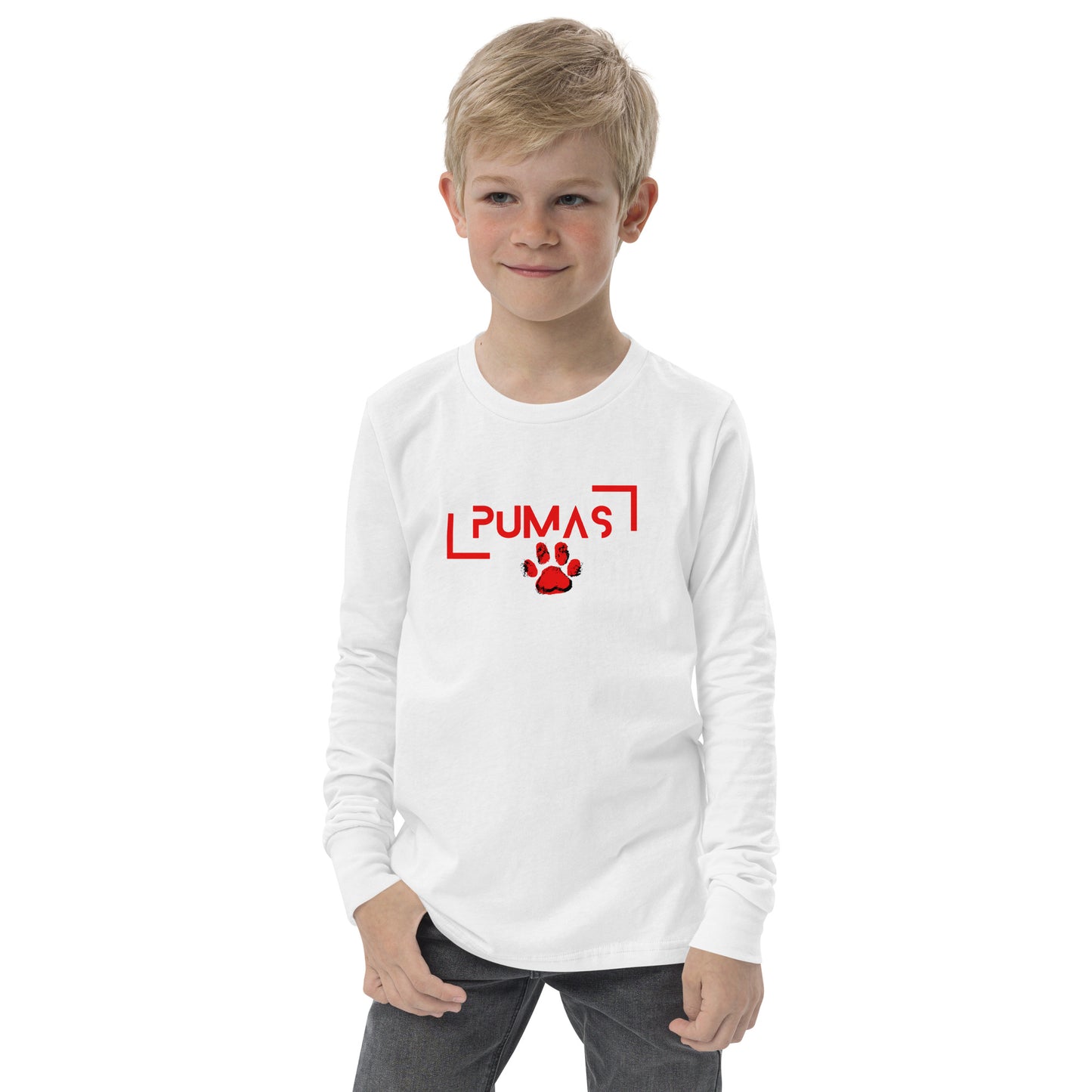 Youth long sleeve tee with futuristic logo