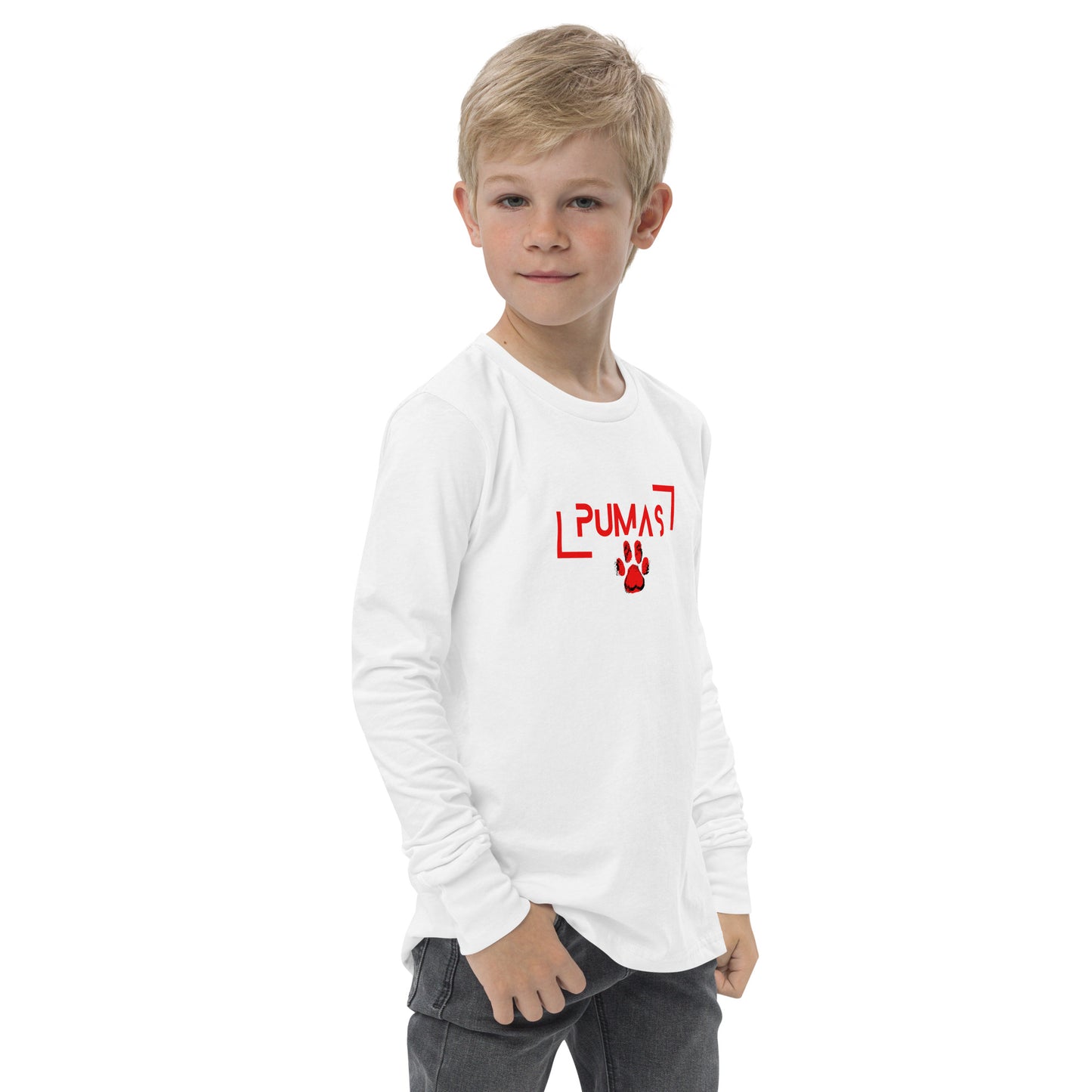 Youth long sleeve tee with futuristic logo