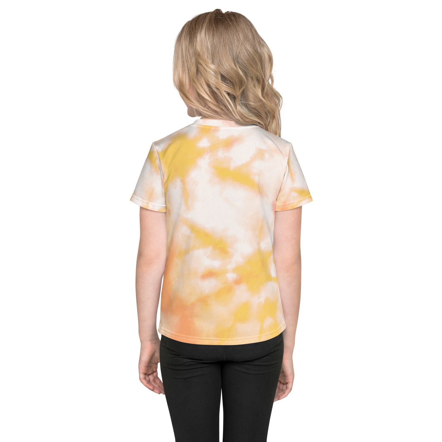 Kids crew neck t-shirt yellow tie dye with futuristic logo