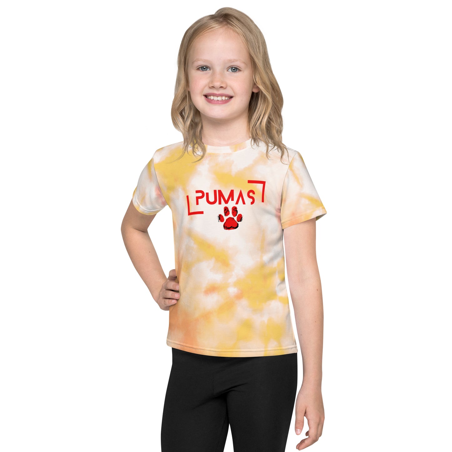 Kids crew neck t-shirt yellow tie dye with futuristic logo