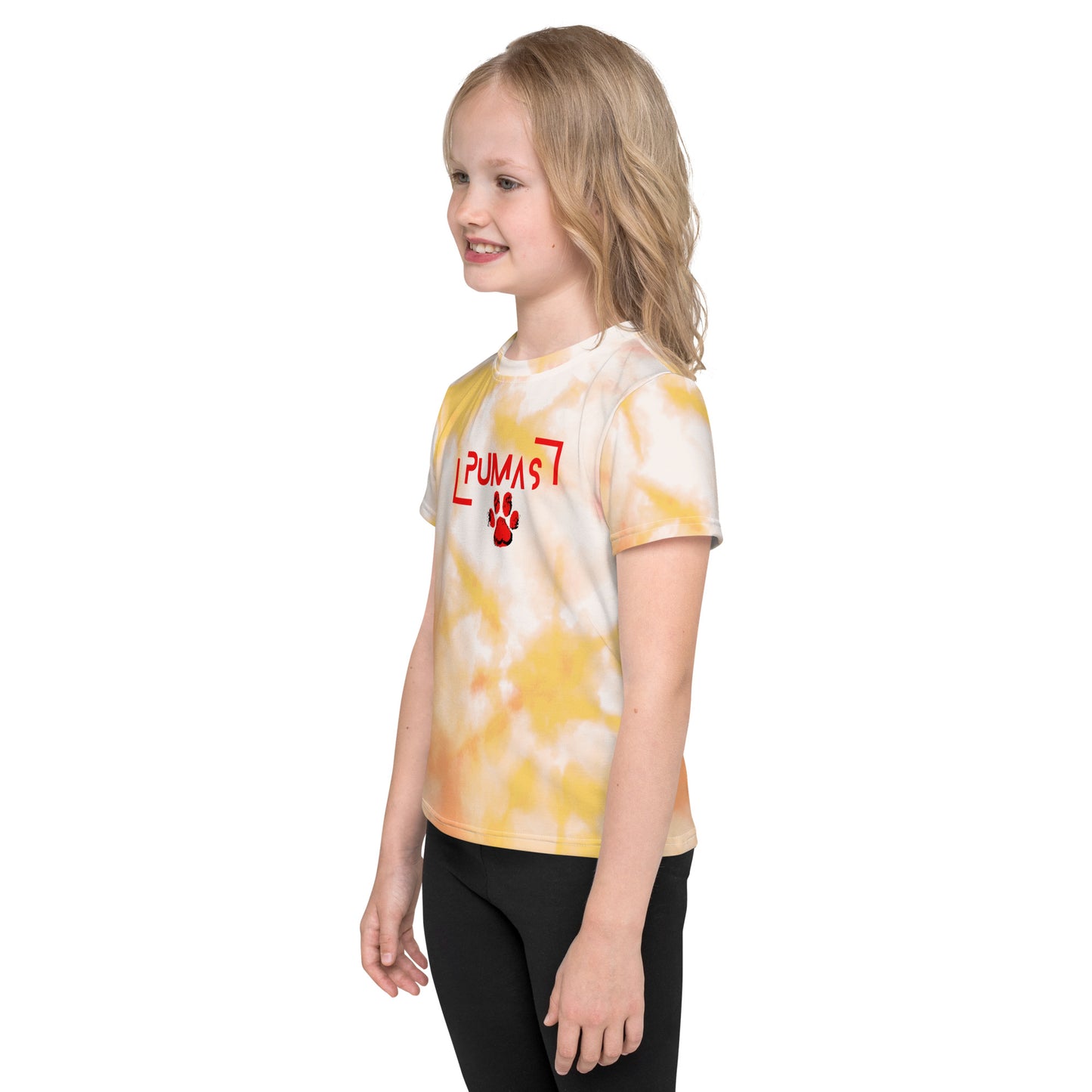 Kids crew neck t-shirt yellow tie dye with futuristic logo