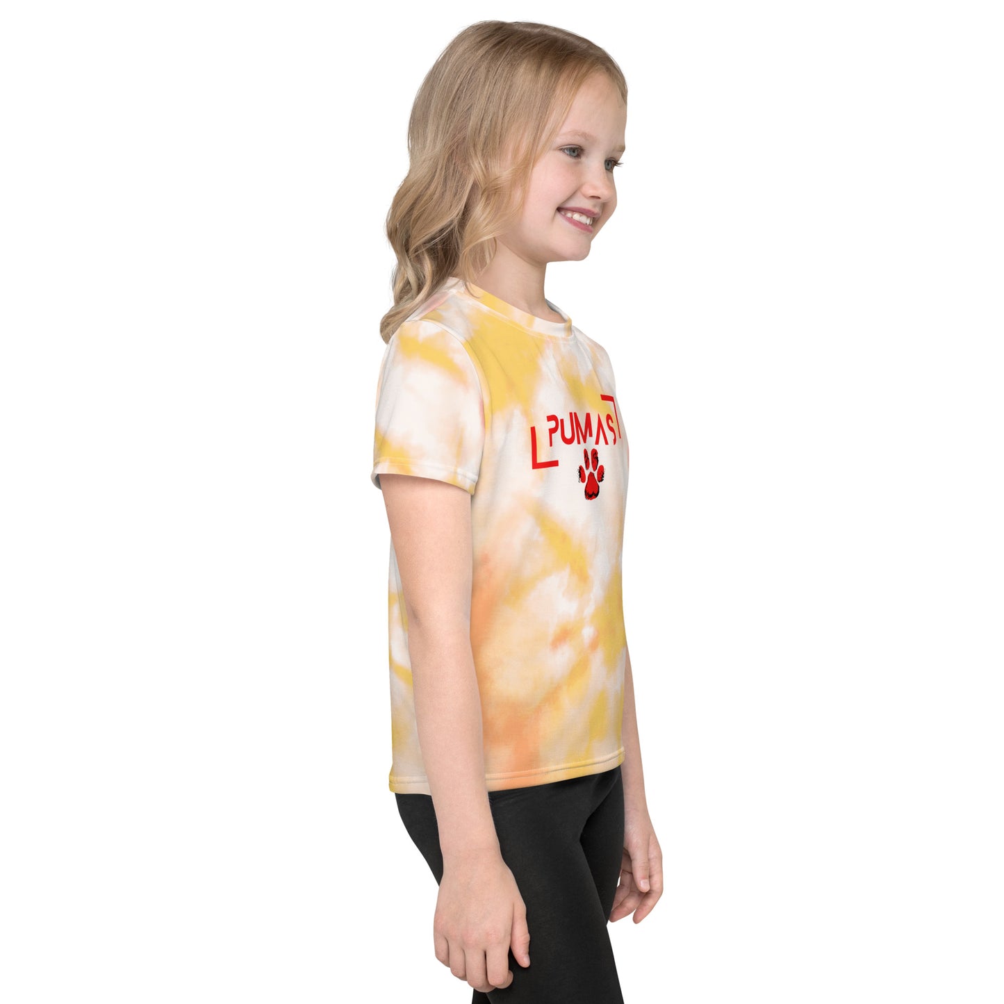 Kids crew neck t-shirt yellow tie dye with futuristic logo