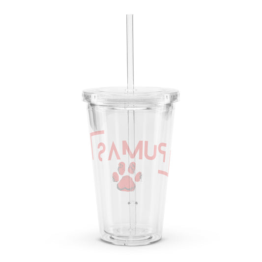 Clear plastic tumbler with futuristic logo