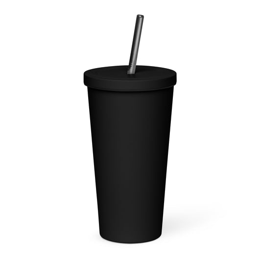 Insulated tumbler with a straw with red logo